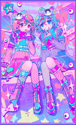 1boy 1girl :d asymmetrical_legwear belt blue_belt blue_eyes blue_hair blue_skirt boots border bow braid brother_and_sister catchphrase character_hair_ornament colorful_background commentary_request crop_top crossdressing decora detached_sleeves dorothy_west eyeball facial_mark fishnet_pantyhose fishnets full_body hair_bow hair_ornament hairclip hand_to_own_mouth hand_up heart highres long_sleeves looking_at_viewer midriff mole mole_under_eye morihayashi nail_polish neon_palette open_mouth pantyhose pink_eyes pink_footwear pink_hair pink_skirt pretty_series pripara reona_west see-through_clothes see-through_skirt see-through_sleeves shoes short_hair siblings side_braid sitting skirt smile sparkle star_(symbol) star_hair_ornament trap twins usagi_(pripara) v v_over_mouth