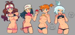 Rule 34 | 5girls, antenna hair, bad id, bad twitter id, bandana, bare arms, baseball cap, beanie, bike shorts, black shirt, black wristband, blue eyes, blush, bracelet, breasts, brown hair, clothes in mouth, clothes lift, commentary, creatures (company), dawn (pokemon), game freak, gen 1 pokemon, grey background, hair bobbles, hair ornament, hair tie, hat, highres, hilda (pokemon), holding, holding poke ball, jewelry, koffing, lifted by self, long hair, medium hair, misty (pokemon), mouth hold, multiple girls, navel, nintendo, nipples, orange hair, pink shirt, poke ball, poke ball (basic), pokemon, pokemon (anime), pokemon (classic anime), pokemon (creature), pokemon bw, pokemon bw2, pokemon dppt (anime), psyduck, red bandana, roxie (pokemon), shirt, shirt in mouth, shirt lift, short shorts, shorts, sidelocks, simple background, slammo, topknot, two-tone headwear, white hair, white headwear, wristband, yellow shirt