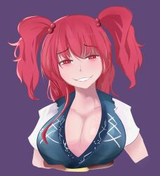 Rule 34 | 1girl, blush, breasts, bright pupils, cleavage, commentary, commission, cropped torso, english commentary, hair bobbles, hair ornament, highres, large breasts, looking at viewer, medium hair, moero 3l, onozuka komachi, parted lips, purple background, red eyes, short sleeves, simple background, smug, solo, touhou, two side up, upper body, white pupils
