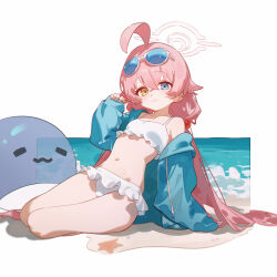 Rule 34 | 1girl, :3, absurdres, ahoge, arm support, beach, bikini, blue-tinted eyewear, blue archive, blue eyes, blue jacket, breasts, closed mouth, commentary, crossed bangs, eco 376124, eyewear on head, frilled bikini, frills, hair between eyes, hair bobbles, hair ornament, halo, hand up, heterochromia, highres, hoshino (blue archive), hoshino (swimsuit) (blue archive), inflatable toy, inflatable whale, jacket, long hair, looking at viewer, low twintails, navel, ocean, off shoulder, official alternate costume, open clothes, open jacket, pink hair, pink halo, shore, sitting, sleeves past fingers, sleeves past wrists, small breasts, smile, solo, starfish, sunglasses, swimsuit, symbol-only commentary, tinted eyewear, twintails, very long hair, water, white-framed eyewear, white bikini, yellow eyes, yokozuwari