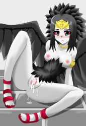Rule 34 | 1girl, aftersex, armband, bad feet, black hair, blush, breasts, censored, corset, cum, duel monster, emblem, fabled grimro, feathers, feet, female focus, green eyes, high heels, highres, jewelry, mosaic censoring, necklace, pale skin, pussy, shoes, sitting, solo, tiara, toes, wings, yu-gi-oh!