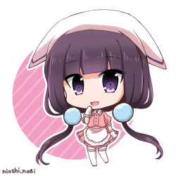 Rule 34 | 1girl, :d, apron, artist name, bad id, bad pixiv id, blend s, blunt bangs, blush, chibi, dress, elbow gloves, frilled apron, frills, full body, gloves, hair bobbles, hair ornament, hand on own face, head scarf, long hair, looking at viewer, low twintails, noai nioshi, open mouth, pink dress, puffy short sleeves, puffy sleeves, purple eyes, purple hair, sakuranomiya maika, short sleeves, smile, solo, standing, striped, striped background, tareme, thighhighs, twintails, very long hair, waist apron, white apron, white gloves, zettai ryouiki
