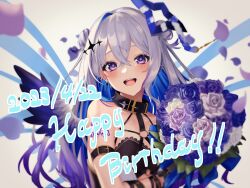 Rule 34 | 1girl, :d, amane kanata, amane kanata (another world), angel, angel wings, arm tattoo, birthday, blue hair, bouquet, collar, colored inner hair, double bun, flower, grey hair, hair between eyes, hair bun, happy birthday, highres, hololive, long hair, looking at viewer, multicolored hair, open mouth, purple eyes, sleeveless, smallpine 7, smile, strapless, tattoo, tube top, upper body, virtual youtuber, wings