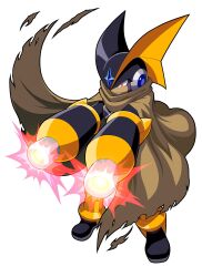 Rule 34 | 1boy, arm cannon, bass.exe (mega man), black helmet, brown cloak, cloak, dual arm cannons, facial mark, full body, helmet, hi-go!, highres, male focus, mega man (series), mega man battle network (series), powering up, red eyes, simple background, smirk, solo, weapon, white background