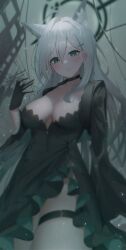 Rule 34 | 1girl, absurdres, ahoge, animal ears, black choker, black dress, black gloves, blue archive, blue eyes, breasts, choker, commentary, cowboy shot, cross hair ornament, dark halo, dress, extra ears, gloves, grey hair, habetto (jvzt7737), hair between eyes, hair ornament, halo, highres, large breasts, long hair, mismatched pupils, open mouth, shiroko (blue archive), shiroko terror (blue archive), solo, symbol-only commentary, thigh strap, wolf ears