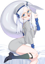 Rule 34 | 1girl, absurdres, beijuu, beluga casi, black footwear, blue eyes, blue nails, buttons, cetacean tail, fang, fins, fish tail, glasses, grey hat, hat, highres, indie virtual youtuber, kneehighs, long hair, long sleeves, looking at viewer, nail polish, open mouth, round eyewear, second-party source, shoes, sitting, skin fang, skindentation, socks, solo, tail, tongue, virtual youtuber, white background, white hair