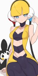 Rule 34 | 1girl, arm support, bare arms, black choker, black pantyhose, blonde hair, blue eyes, blunt bangs, breasts, choker, cleavage, collarbone, commentary request, creatures (company), elesa (pokemon), emolga, game freak, gen 5 pokemon, hand up, headphones, highres, knees, legs together, looking at viewer, nintendo, nuneno, pantyhose, parted lips, pokemon, pokemon (creature), pokemon bw, short hair, sitting, sleeveless, smile, toned, v, white background