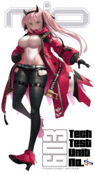 Rule 34 | 1girl, breasts, coat, covered navel, full body, green eyes, high heels, highleg, highleg leotard, highres, large breasts, leotard, long hair, long sleeves, looking at viewer, open clothes, open coat, original, pink hair, red coat, solo, twintails, uo denim, white leotard
