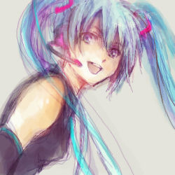 Rule 34 | 1girl, :d, bare shoulders, blue eyes, blue hair, detached sleeves, female focus, hatsune miku, headset, long hair, lowres, matching hair/eyes, oekaki, open mouth, pooj, smile, solo, twintails, vocaloid