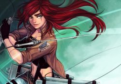 Rule 34 | 1girl, breasts, cleavage, crop top, faithom, gloves, jacket, katarina (league of legends), league of legends, long hair, midriff, navel, red hair, shingeki no kyojin, smile, solo, three-dimensional maneuver gear