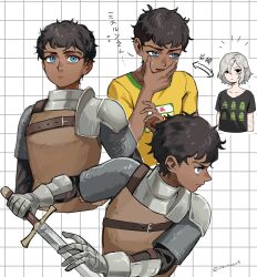 Rule 34 | 2boys, armor, bags under eyes, black eyes, black hair, blue eyes, contemporary, curly hair, dark-skinned male, dark skin, dungeon meshi, elf, gauntlets, grey hair, grid background, hand on own face, highres, holding, holding sword, holding weapon, kabru, lazy eye, leather armor, male focus, mithrun, multiple boys, multiple scars, notched ear, official alternate costume, pauldrons, pointy ears, rerheart, scar, shirt, short hair, shoulder armor, single pauldron, sweatdrop, sword, t-shirt, uneven eyes, wavy hair, weapon