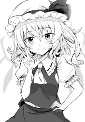 Rule 34 | 1girl, collared shirt, e.o., flandre scarlet, greyscale, hair between eyes, hand on own hip, hat, highres, mob cap, monochrome, one side up, shirt, short hair, simple background, solo, touhou, white background