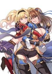 Rule 34 | 10s, 2girls, armor, beatrix (granblue fantasy), belt, black legwear, blonde hair, blue eyes, blush, grabbing another&#039;s breast, breasts, brown eyes, brown hair, cleavage cutout, clothing cutout, friends, from behind, grabbing, granblue fantasy, hair intakes, hair ornament, hairband, jpeg artifacts, large breasts, leg up, long hair, looking at another, multiple girls, nashiru, nashiru (kuusou banana), navel, open mouth, shorts, simple background, smile, thighhighs, twintails, white background, yuri, zeta (granblue fantasy)