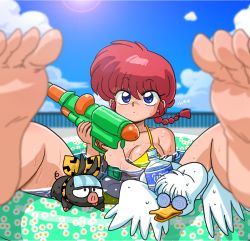 Rule 34 | 1girl, animal, bare legs, bare shoulders, barefoot, bikini, bird, blue eyes, blue sky, blurry, blurry background, blurry foreground, bottle, braid, breasts, closed mouth, day, duck, foreshortening, genderswap, genderswap (mtf), glasses, hair between eyes, hibiki ryouga, holding, long hair, looking up, medium breasts, mousse (duck) (ranma 1/2), mousse (ranma 1/2), navel, outdoors, p-chan, partially submerged, pig, railing, ranma-chan, ranma 1/2, red hair, saotome ranma, single braid, sitting, sky, soles, spread legs, stomach, summer, super soaker, swimsuit, toes, tongue, tongue out, wanta (futoshi), water, wet, yellow bikini
