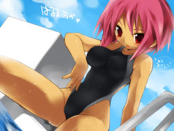 Rule 34 | 1girl, artist name, blush, cloud, competition swimsuit, day, dutch angle, highleg, highleg swimsuit, kamiyoshi rika, looking down, one-piece swimsuit, open mouth, original, outdoors, pink eyes, pink hair, pool, pool ladder, poolside, sitting, sky, soaking feet, solo, swimsuit, tan, wet