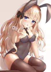Rule 34 | 1girl, :o, animal ears, bare arms, bare shoulders, between breasts, black bow, black leotard, black necktie, black thighhighs, blonde hair, blue eyes, blunt bangs, blush, bow, breasts, cleavage, commentary request, covered navel, detached collar, dot nose, fake animal ears, fake tail, feet out of frame, hair bow, hair ornament, hand up, highleg, highleg leotard, highres, i tamima, leotard, long hair, looking at viewer, medium breasts, necktie, necktie between breasts, open mouth, playboy bunny, princess connect!, rabbit tail, saren (princess connect!), seiza, shadow, simple background, sitting, solo, strapless, strapless leotard, tail, thighhighs, thighs, white background, wrist cuffs
