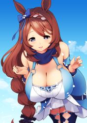 Rule 34 | 1girl, :d, animal ears, bare shoulders, bent over, blue bow, blue eyes, blue sky, blue thighhighs, bow, braid, breasts, brown hair, cleavage, clothing cutout, cloud, commentary, day, deto, diamond cutout, dress, eyes visible through hair, hair bow, hands up, highres, horse ears, horse girl, large breasts, long hair, looking at viewer, low-tied long hair, multicolored hair, open mouth, outdoors, petals, short dress, sky, smile, solo, super creek (umamusume), thighhighs, two-tone hair, umamusume, very long hair, white hair, wrist cuffs