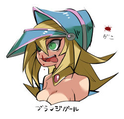 Rule 34 | 1girl, blonde hair, blood, blood on face, breasts, cleavage, dark magician girl, duel monster, green eyes, hat, large breasts, long hair, looking to the side, magical girl, nosebleed, simple background, solo, tirarizun, translation request, upper body, white background, yu-gi-oh!