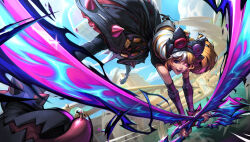 Rule 34 | 1girl, :d, animal ears, black dress, black footwear, blue eyes, brown hair, cat ears, day, detached sleeves, dress, fake animal ears, gwen (league of legends), heterochromia, highres, holding, holding scissors, holding weapon, league of legends, misfortuneee, multicolored hair, official art, open mouth, outdoors, oversized object, red eyes, red footwear, scissors, shiny skin, shoes, smile, solo, soul fighter gwen, spiked anklet, spikes, stadium, teeth, two-tone hair, upper teeth only, weapon, white hair