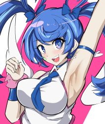 Rule 34 | 1girl, :d, arm up, armpits, bare shoulders, between breasts, blue angel, blue bow, blue eyes, blue hair, bow, breasts, choker, collared shirt, earrings, facial tattoo, heart, heart earrings, heart hair, highres, jewelry, large breasts, looking at viewer, necktie, necktie between breasts, one-hour drawing challenge, open mouth, shirt, sleeveless, smile, solo, swept bangs, synchroman, tattoo, twintails, upper body, white shirt, wings, yu-gi-oh!, yu-gi-oh! vrains, zaizen aoi