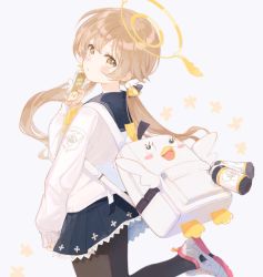 Rule 34 | 1girl, bag, black pantyhose, blue archive, blush, hair between eyes, hair ornament, halo, hifumi (blue archive), highres, light brown hair, long hair, low twintails, nprmtp, pantyhose, school uniform, simple background, solo, twintails, white background, yellow eyes