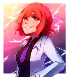 Rule 34 | 1girl, commentary, english commentary, hair between eyes, horikawa raiko, jacket, lightning, long sleeves, looking at viewer, medium hair, necktie, open clothes, open jacket, outline, parted lips, plaid, plaid shirt, purple necktie, red eyes, red hair, shirt, smile, solo, speckticuls, touhou, upper body, white jacket, white outline, wing collar
