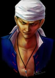Rule 34 | 1boy, bandana, black background, blue shirt, brown eyes, chinese clothes, closed mouth, earrings, gangster, highres, jewelry, kohji, male focus, manly, muscular, muscular male, necklace, open clothes, open shirt, ren wu ying, sega, shenmue, shenmue ii, shenmue iii, shirt, signature, simple background, solo, upper body, white bandana