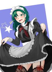 Rule 34 | 1girl, absurdres, alternate costume, apron, asymmetrical hair, black dress, blush, bow, bowtie, clothes lift, commentary, cowboy shot, dress, dress lift, earrings, enmaided, flower, frilled apron, frills, garter straps, green eyes, green hair, highres, jewelry, juliet sleeves, lifting own clothes, long sleeves, maid, maid apron, maid headdress, one eye closed, open mouth, ozu (agito100001), puffy sleeves, shiki eiki, smile, solo, spider lily, star (symbol), thighhighs, touhou, white apron