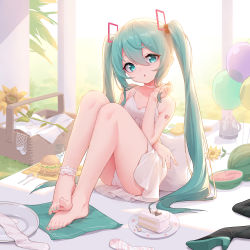 Rule 34 | 1girl, absurdres, ankle garter, arm tattoo, balloon, bare arms, bare legs, barefoot, blue eyes, blue hair, blue nails, burger, cake, cake slice, choker, dress, flower, food, fruit, full body, hair between eyes, hair ornament, hatsune miku, hatsune miku (vocaloid4), highres, knees up, long hair, looking at viewer, nail polish, panties, parted lips, plate, shebaotower, sitting, solo, sunflower, tattoo, thighs, toenail polish, toenails, twintails, underwear, very long hair, vocaloid, watermelon, white choker, white dress, white flower, white panties