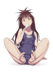 Rule 34 | 1girl, absurdres, arado balanga (xchd7538), bad id, bad pixiv id, barefoot, brown hair, commentary, eating, feet, female focus, food, full body, hair bobbles, hair ornament, highres, looking at viewer, old school swimsuit, popsicle, school swimsuit, sexually suggestive, simple background, sitting, solo, swimsuit, to love-ru, to love-ru darkness, white background, yellow eyes, yuuki mikan