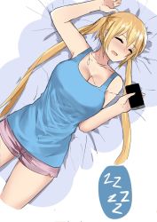 Rule 34 | 1girl, bare shoulders, blend s, blonde hair, blue eyes, blue shirt, blue tank top, breasts, cellphone, cleavage, closed eyes, cowboy shot, dutch angle, earphones, from above, highres, hinata kaho, holding, holding phone, large breasts, long hair, lying, norman maggot, on back, on bed, open mouth, phone, shirt, short shorts, shorts, simple background, sleeping, sleeveless, smartphone, solo, tagme, tank top, twintails, zzz