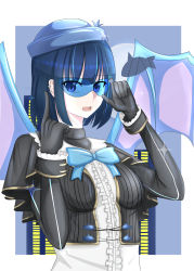 Rule 34 | 1girl, adjusting eyewear, adjusting glasses, artist request, beret, black gloves, blouse, blue-tinted eyewear, blue-tinted glasses, blue bow, blue eyes, blue hair, blue hat, bob cut, bow, breasts, demon wings, duel monster, earrings, female focus, frilled shirt, frills, gloves, hat, highres, jewelry, lil-la (yu-gi-oh!), long sleeves, looking at viewer, open mouth, piercing, shirt, short hair, solo, sunglasses, tagme, tinted eyewear, upper body, white shirt, wings, wrist cuffs, yu-gi-oh!, yu-gi-oh! duel monsters