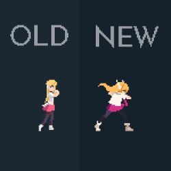 Rule 34 | 1girl, animated, black pantyhose, blonde hair, comparison, highres, jtangc, one step from eden, pantyhose, pink skirt, pixel art, saffron (one step from eden), skirt, solo, video