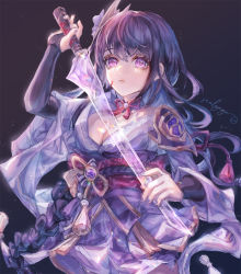 Rule 34 | 1girl, armor, braid, breasts, bridal gauntlets, cleavage, closed mouth, commentary, energy sword, english commentary, flower, genshin impact, hair ornament, highres, holding, holding sword, holding weapon, japanese clothes, kimono, large breasts, light particles, long hair, long sleeves, looking at viewer, mole, mole under eye, nail polish, obi, obiage, obijime, purple background, purple eyes, purple flower, purple hair, purple nails, raiden shogun, ribbon, sash, sealgege, shoulder armor, signature, simple background, solo, sword, tassel, weapon, wide sleeves