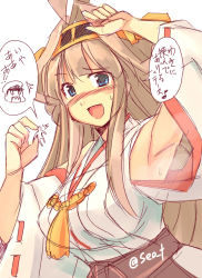 Rule 34 | 10s, 1boy, 1girl, admiral (kancolle), armpits, blue eyes, breasts, brown hair, giant, giantess, hair ornament, kantai collection, kongou (kancolle), large breasts, naughty face, seo tatsuya, smell, translation request