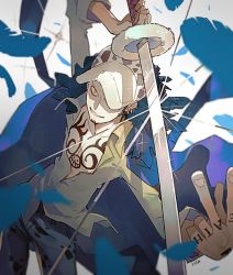 Rule 34 | 1boy, 1yoichi1, coat, coat on shoulders, feathers, from above, hat, holding, holding sword, holding weapon, male focus, one piece, smirk, solo, sword, tattoo, trafalgar law, weapon