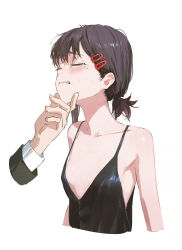 Rule 34 | 1boy, 1girl, bare shoulders, black dress, black spaghetti, blush, breasts, chainsaw man, cleavage, closed eyes, dino (dinoartforame), disembodied hand, dress, embarrassed, facing up, hair ornament, hairclip, hand on another&#039;s chin, higashiyama kobeni, highres, medium hair, mole, mole under mouth, short ponytail, simple background, small breasts, solo focus, spaghetti, spaghetti strap, white background