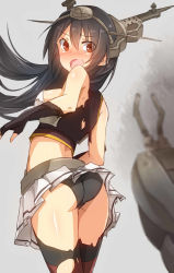 Rule 34 | 10s, 1girl, absurdres, ass, black hair, black panties, blush, damaged, elbow gloves, fingerless gloves, full-face blush, gloves, hairband, highres, kantai collection, long hair, looking back, machinery, metindone, nagato (kancolle), open mouth, panties, red eyes, solo, thighhighs, torn clothes, turret, underwear