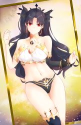 Rule 34 | 1girl, absurdres, armband, bare shoulders, black hair, black ribbon, breasts, crown, earrings, fate/grand order, fate (series), gluteal fold, highres, hoop earrings, huge filesize, ishtar (fate), ishtar (fate), jewelry, long hair, medium breasts, navel, neck ring, red eyes, ribbon, single sleeve, single thighhigh, smile, solo, thigh gap, thighhighs, thighs, udon-udon