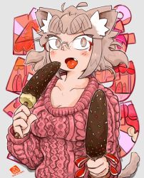 Rule 34 | 1girl, animal ears, aran sweater, bespectacled, blush stickers, breasts, brown eyes, brown hair, cable knit, cat ears, chocolate banana, cleavage, fang, food, freckles, glasses, looking at viewer, original, san mamiya, sanpaku, short hair, solo, sweater, tongue, tongue out