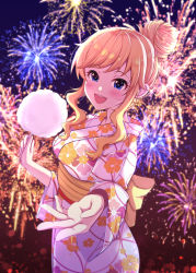 Rule 34 | 1girl, :d, absurdres, aerial fireworks, blonde hair, blue eyes, blush, commentary request, commission, cotton candy, fireworks, floral print, hair bun, highres, holding, idolmaster, idolmaster cinderella girls, idolmaster cinderella girls starlight stage, japanese clothes, kimono, looking at viewer, namidako, night, obi, ohtsuki yui, open mouth, outdoors, outstretched hand, pixiv commission, sash, sidelocks, single hair bun, smile, solo, yukata