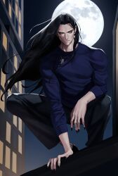 Rule 34 | 1boy, absurdres, black hair, black nails, blue shirt, building, chain, commission, earrings, emo37337640, feather earrings, feathers, grey eyes, highres, jewelry, long hair, male focus, moon, muscular, muscular male, night, original, pants, pointy ears, shirt, skeb commission, solo, squatting
