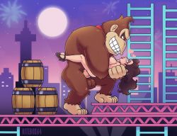 Rule 34 | 1boy, 1girl, puff of air, ape, artist name, bare legs, barrel, bestiality, bitebox64, black footwear, breasts, breath, brown eyes, brown fur, brown hair, carrying, city, city lights, cityscape, construction site, donkey kong, donkey kong (1981 game), donkey kong (series), dress, earrings, eyelashes, eyeshadow, fireworks, from side, full body, full moon, fur, gorilla, grin, half-closed eyes, heart, held up, high heels, highres, jewelry, ladder, leaning forward, legs, lipstick, long hair, looking at another, looking down, makeup, mario (series), medium breasts, moon, motion lines, necktie, night, night sky, nintendo, nipples, nostrils, nude, open mouth, outdoors, pauline (mario), penis, red lips, red neckwear, rolling eyes, sex, size difference, sky, smile, spotlight, standing, steel beam, suspended congress, sweatdrop, teeth, testicles, uncensored