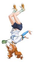 Rule 34 | 1girl, blue shorts, blue sleeves, brown hair, floating hair, full body, green socks, hair ornament, highres, idolmaster, idolmaster (classic), layered sleeves, long hair, long sleeves, midriff, navel, nigou, nippon professional baseball, open mouth, saitama seibu lions, shirt, shoes, short over long sleeves, short shorts, short sleeves, shorts, simple background, sneakers, socks, solo, stomach, takatsuki yayoi, twintails, upside-down, white background, white shirt