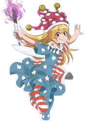 Rule 34 | 1girl, absurdres, american flag dress, american flag legwear, blonde hair, blush stickers, closed mouth, clownpiece, cropped legs, dress, fairy, fairy wings, hair between eyes, hat, highres, holding, holding torch, jester cap, long hair, outstretched arms, pantyhose, polka dot headwear, red eyes, red hat, sen (daydream 53), short sleeves, simple background, smile, solo, spread arms, star-shaped pupils, star (symbol), star print, striped clothes, striped dress, striped pantyhose, symbol-shaped pupils, torch, touhou, white background, wings