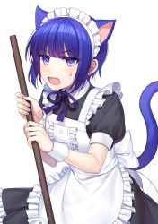 Rule 34 | 1girl, animal ears, apron, blue hair, blue ribbon, blush, cat ears, cat tail, center frills, collared dress, commentary request, dress, frilled apron, frills, highres, holding, jenevan, looking at viewer, maid, maid apron, maid headdress, male focus, neck ribbon, open mouth, original, purple eyes, ribbon, short hair, short sleeves, simple background, solo, tail, white apron, white background, wrist cuffs
