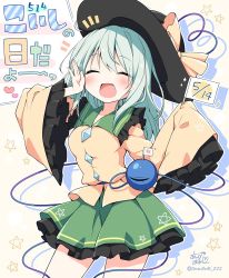Rule 34 | 1girl, :d, anzu ame, black hat, blouse, buttons, closed eyes, collared shirt, commentary, diamond button, eyeball, frilled shirt collar, frilled sleeves, frills, green hair, green skirt, hat, hat ribbon, koishi day, komeiji koishi, long hair, long sleeves, open mouth, ribbon, shirt, simple background, skirt, sleeves past fingers, sleeves past wrists, smile, solo, third eye, touhou, wavy hair, white background, wide sleeves, yellow ribbon, yellow shirt