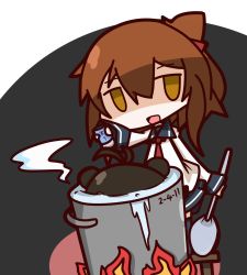 Rule 34 | 10s, 2 fuel 4 ammo 11 steel, 2girls, brown hair, cooking, fire, folded ponytail, green hair, highres, inazuma (kancolle), kantai collection, multiple girls, naka (kancolle), nuu (nu-nyu), open mouth, plasma-chan (kancolle), pot, salt shaker, shaded face, short hair, smile, steam, translated, water, yellow eyes