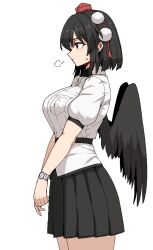 Rule 34 | 1girl, belt, bird wings, black belt, black hair, black skirt, black wings, breasts, closed mouth, cowboy shot, feathered wings, formicid, from side, hat, large breasts, miniskirt, pleated skirt, pom pom (clothes), red eyes, shameimaru aya, shirt, short hair, skirt, solo, sweatdrop, tassel, thighs, tokin hat, touhou, watch, white shirt, wings, wristwatch