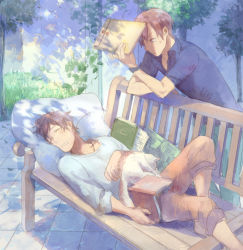 Rule 34 | 2boys, ahoge, animal, arm support, axis powers hetalia, barefoot, bench, blush, book, brown hair, cat, day, drooling, closed eyes, folder, frown, grass, hair intakes, hand on own chest, jewelry, looking down, male focus, messy hair, multiple boys, nature, necklace, no shoes, open book, open mouth, outdoors, pants, pants rolled up, paper, pillow, plant, shadow, sleeping, sleeves rolled up, southern italy (hetalia), spain (hetalia), sweat, tree, watch, wristwatch, yellow eyes, zukki (suzukio)